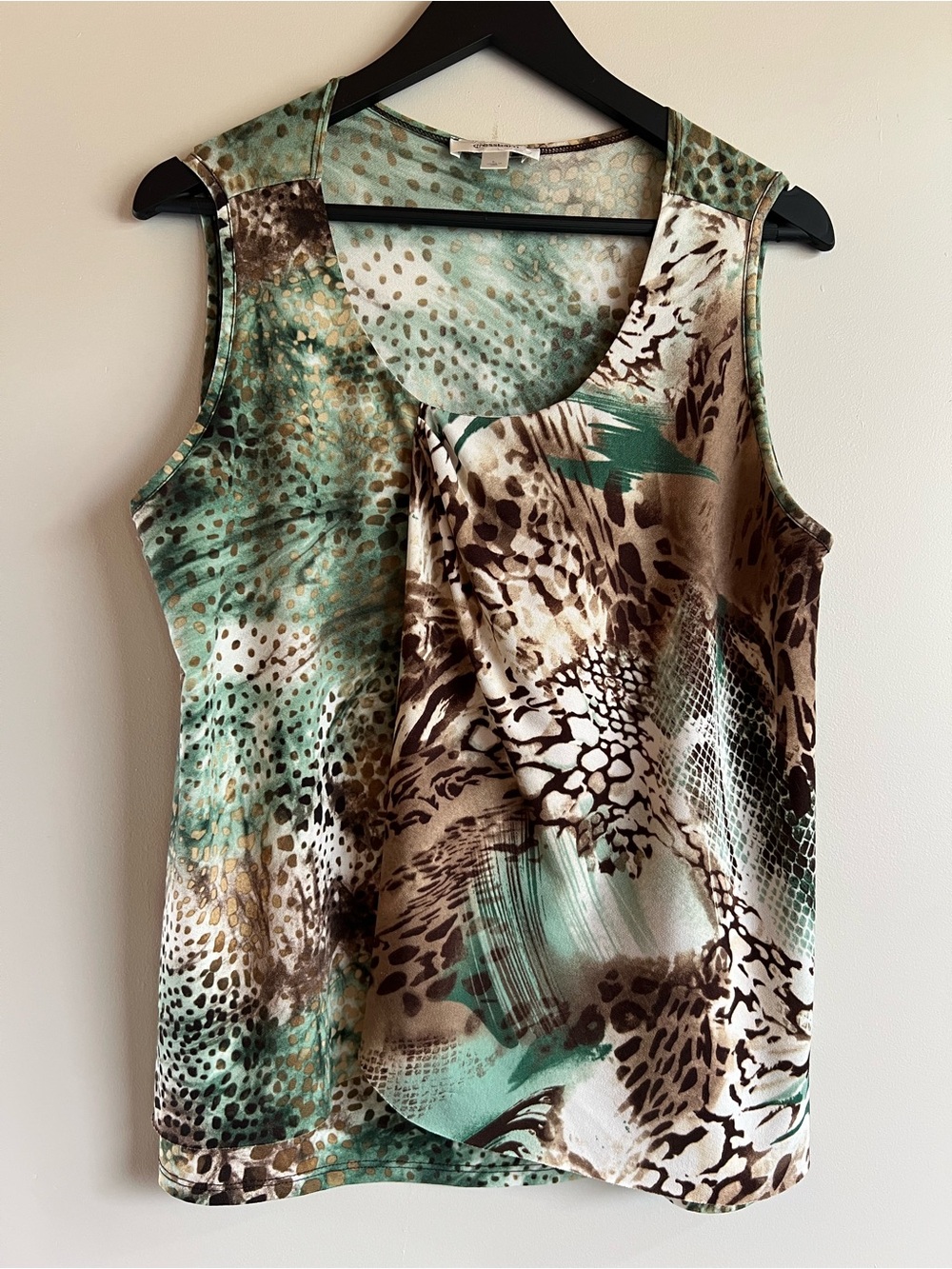 Dressbarn Large Abstract Animal Print Sleeveless Draped Blouse Green Brown